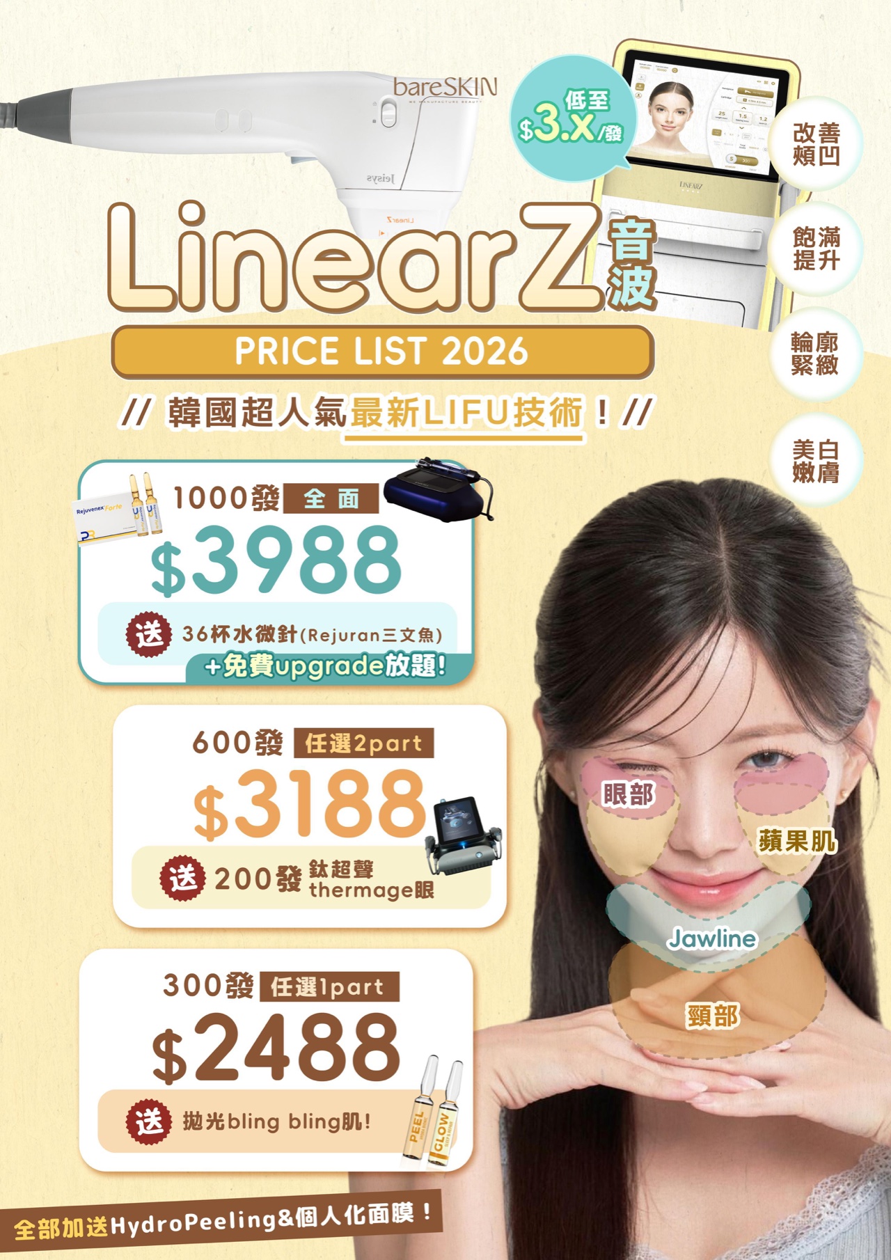 LinearZ音波2026首次體驗價目:300發任選1個部位、600發任選2個部位、1000發全面方案及對應贈送